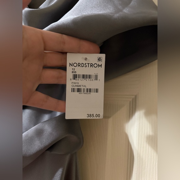 AMSALE off the shoulder fluid satin cocktail midi dress gunmetal - Picture 7 of 14